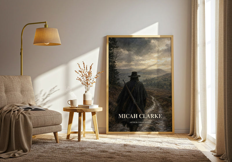 Micah Clarke watercolour print in frame leaning in hallway – historical fiction wall art
