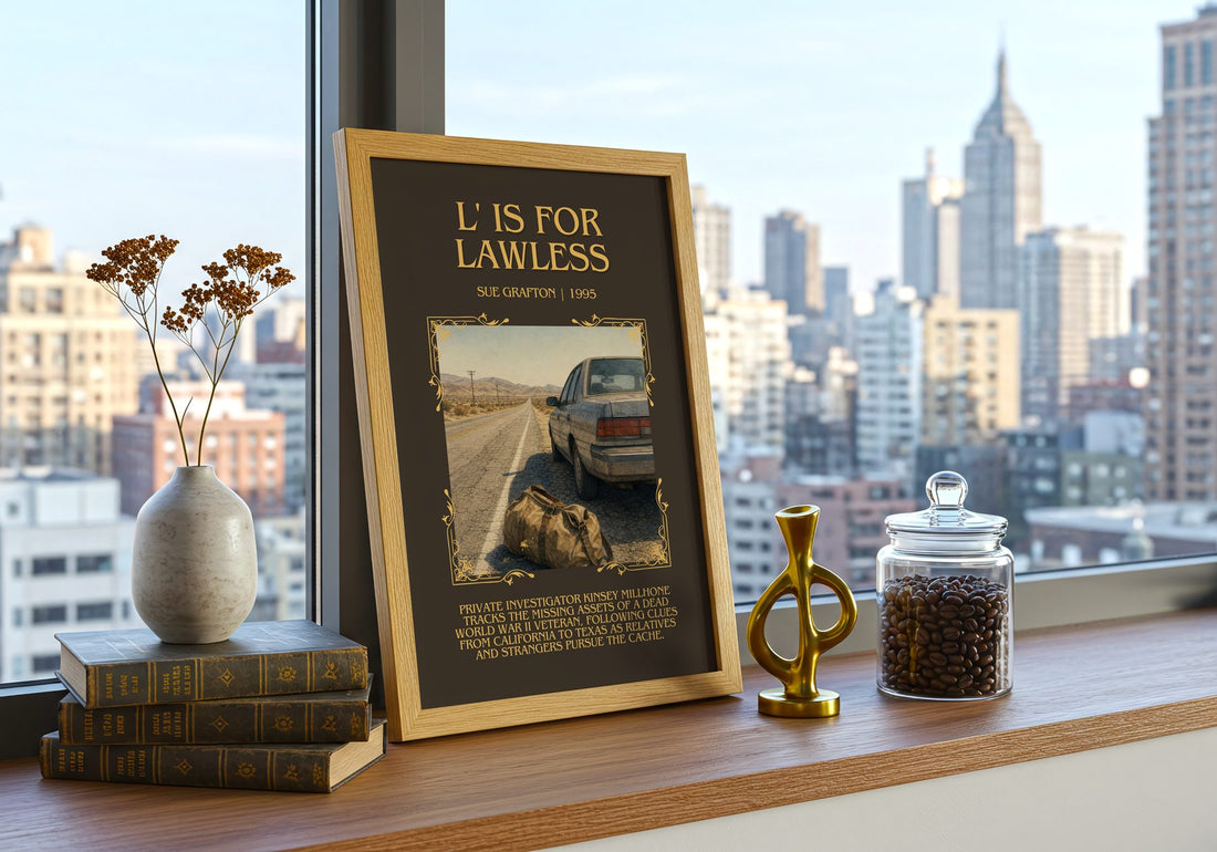 L' Is for Lawless Minimalist Book Poster by Sue Grafton – framed print on a city-view windowsill