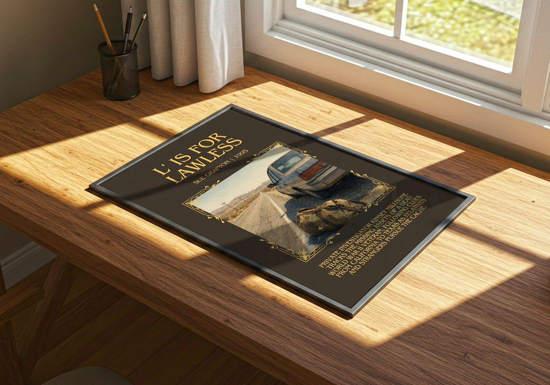 L' Is for Lawless Minimalist Book Poster by Sue Grafton – print on a sunlit desk