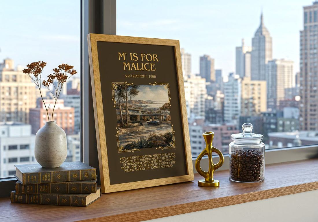 M' Is for Malice Minimalist Book Poster by Sue Grafton – framed print on a city-view windowsill