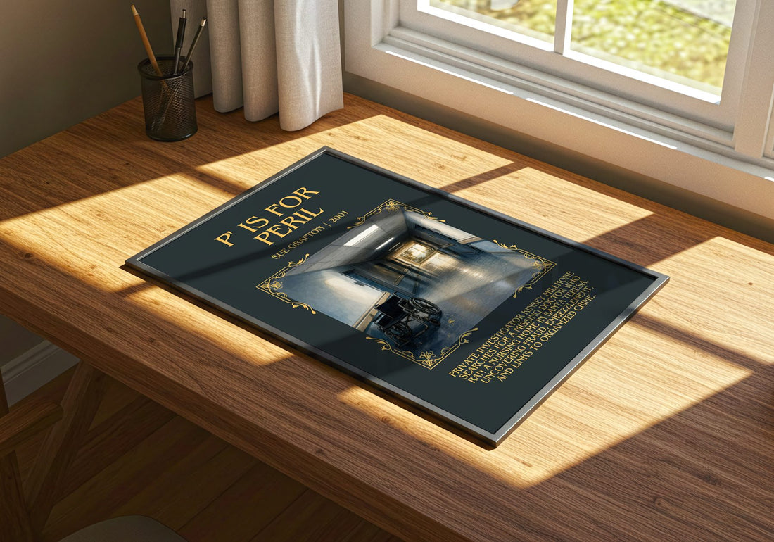 P' Is for Peril Minimalist Book Poster by Sue Grafton – print on a sunlit desk