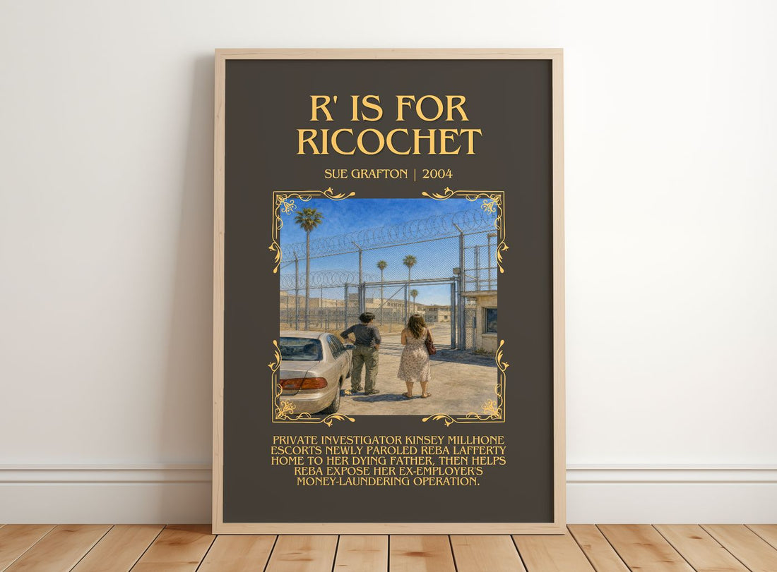 R' Is for Ricochet Minimalist Book Poster by Sue Grafton – framed print leaning on a wooden floor