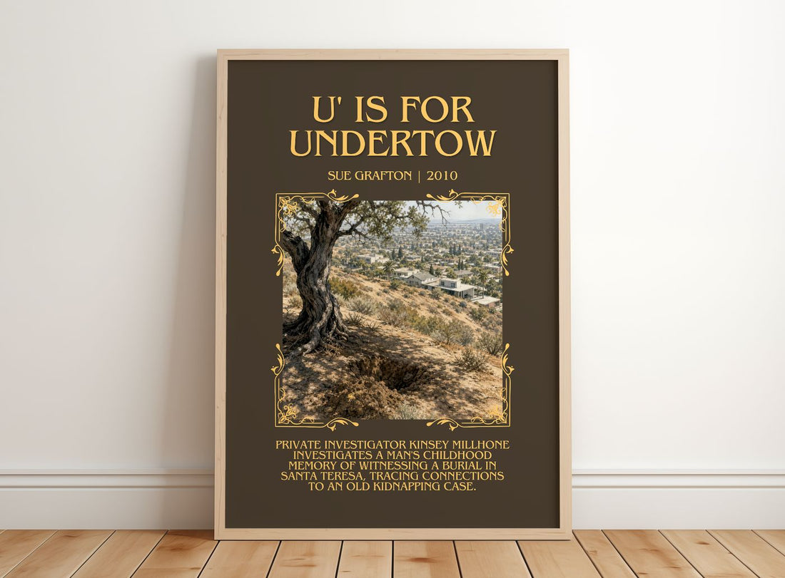 U' Is for Undertow Minimalist Book Poster by Sue Grafton – framed print leaning on a wooden floor
