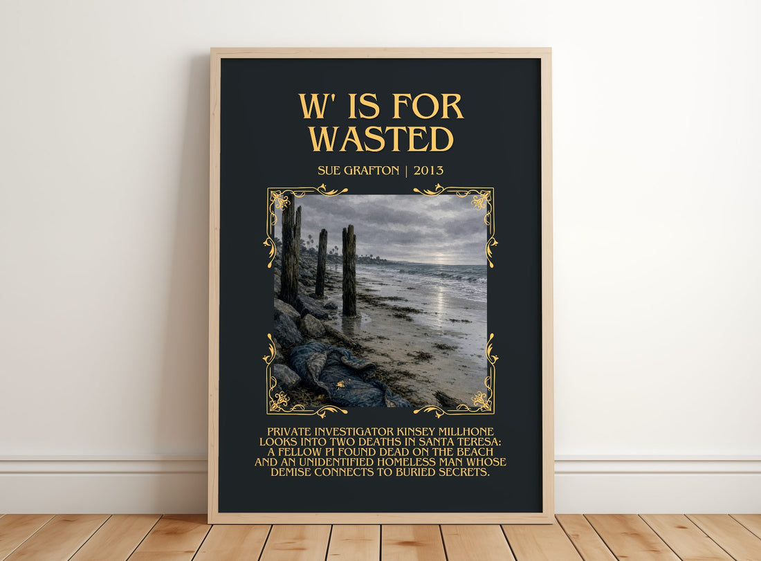 W' Is for Wasted Minimalist Book Poster by Sue Grafton – framed print leaning on a wooden floor
