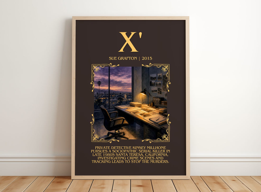 X' Minimalist Book Poster by Sue Grafton – framed print leaning on a wooden floor