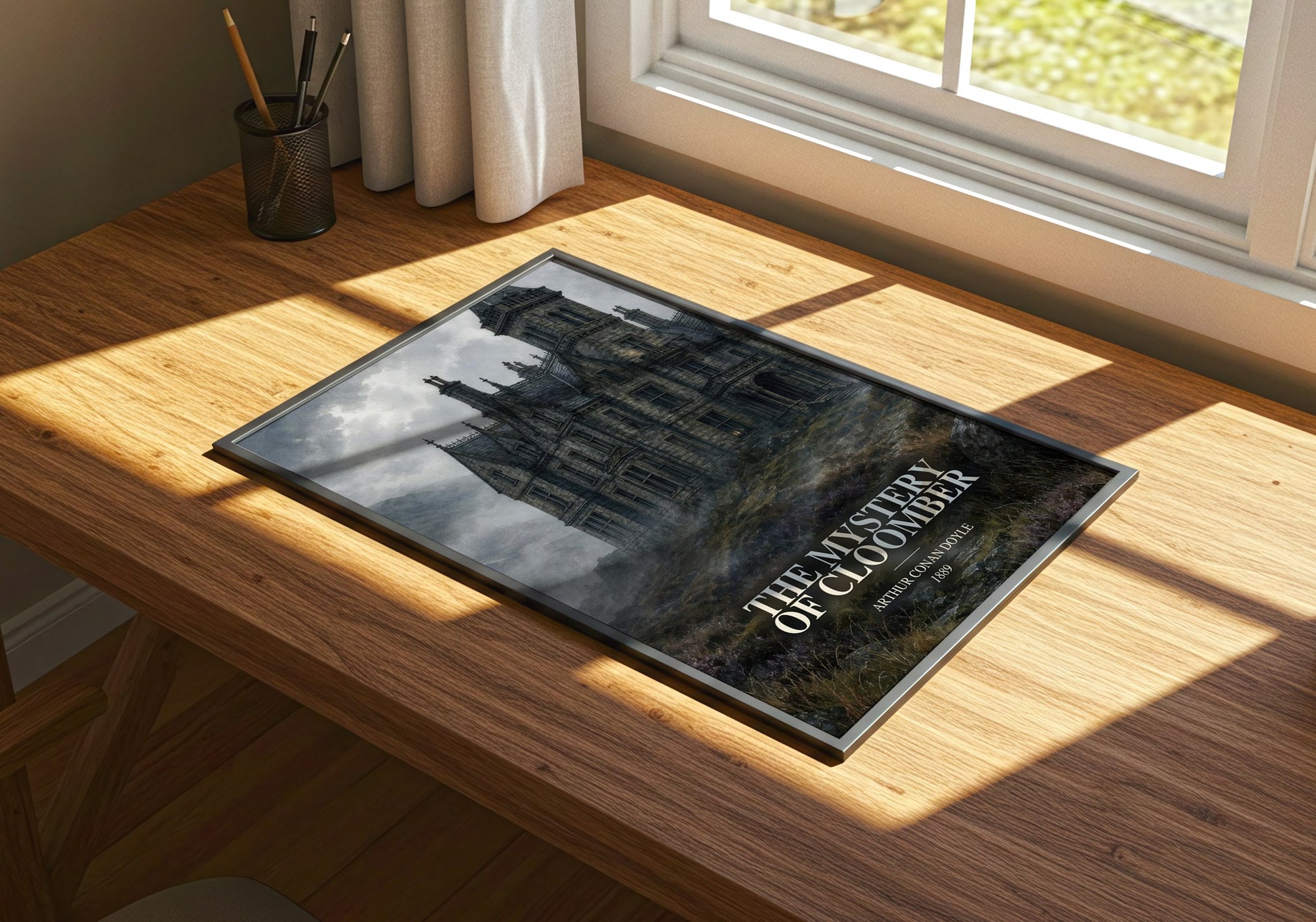 The Mystery Of Cloomber watercolour book poster framed on wall – mystery wall art