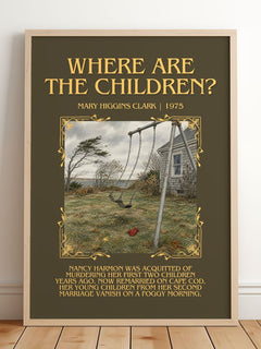 Where Are the Children? Minimalist Book Poster by Mary Higgins Clark – framed print leaning on a wooden floor