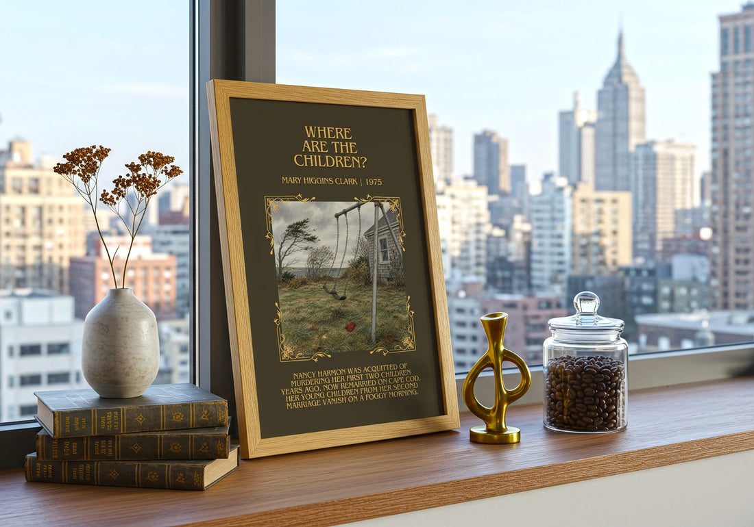Where Are the Children? Minimalist Book Poster by Mary Higgins Clark – framed print on a city-view windowsill