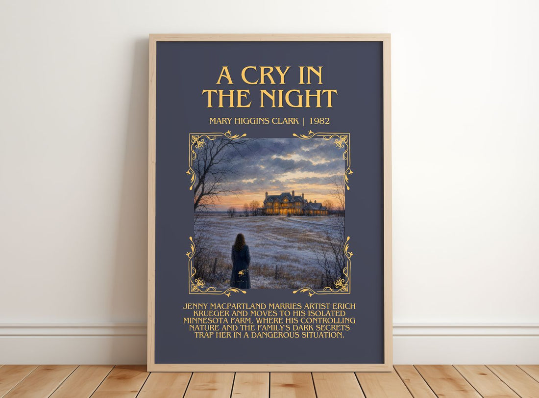 A Cry in the Night Minimalist Book Poster by Mary Higgins Clark – framed print leaning on a wooden floor