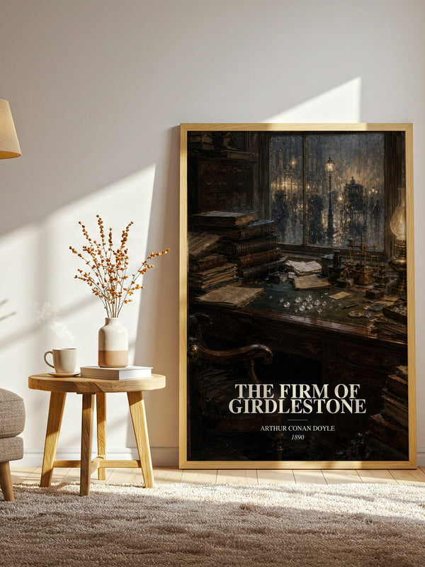 The Firm Of Girdlestone watercolour print in frame leaning in hallway – mystery wall art