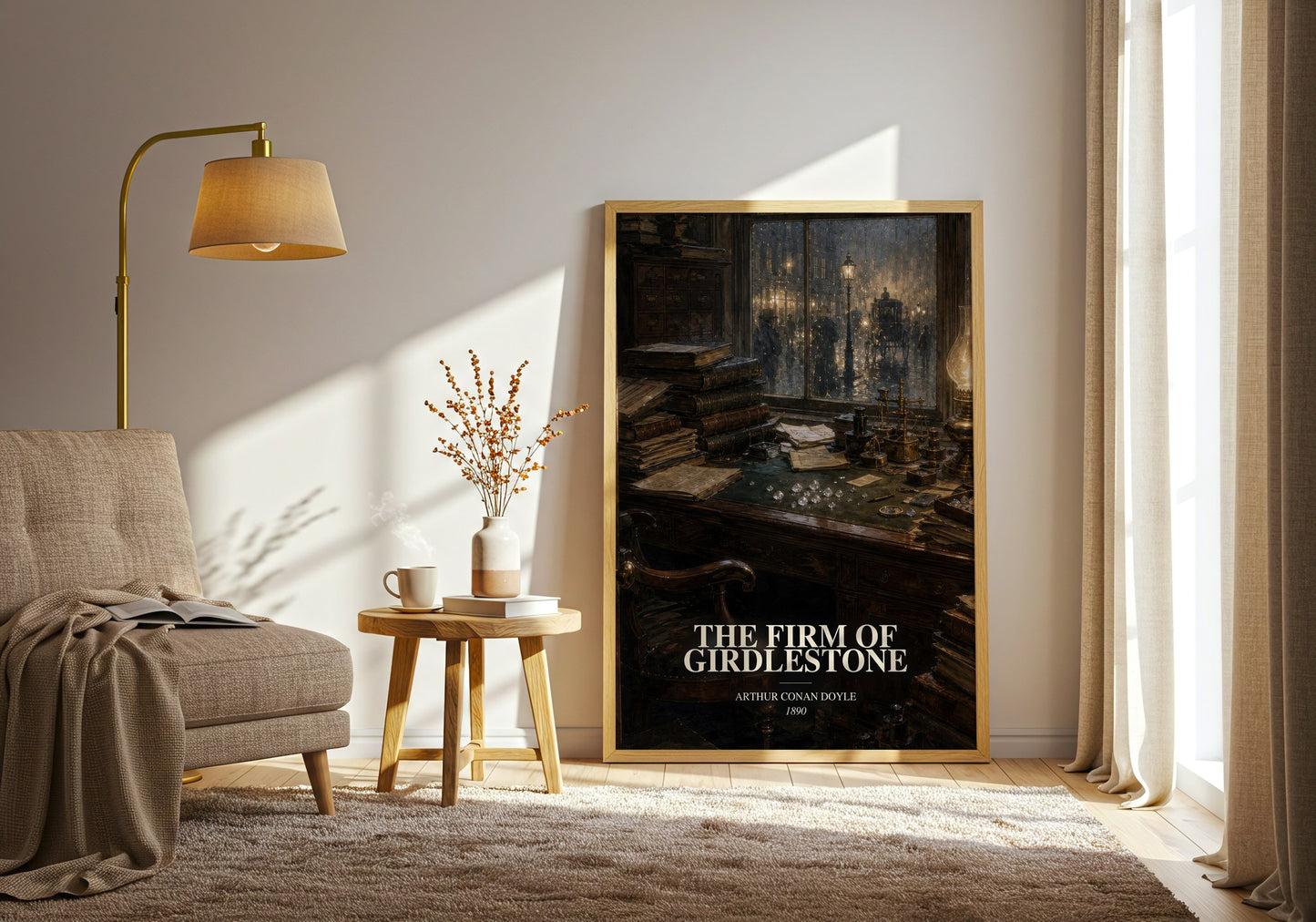 The Firm Of Girdlestone watercolour print in frame leaning in hallway – mystery wall art
