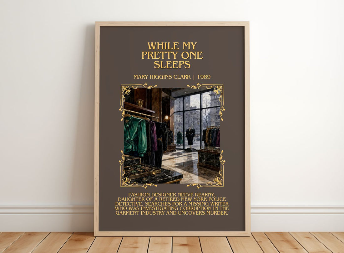 While My Pretty One Sleeps Minimalist Book Poster by M. Clark – framed print leaning on a wooden floor