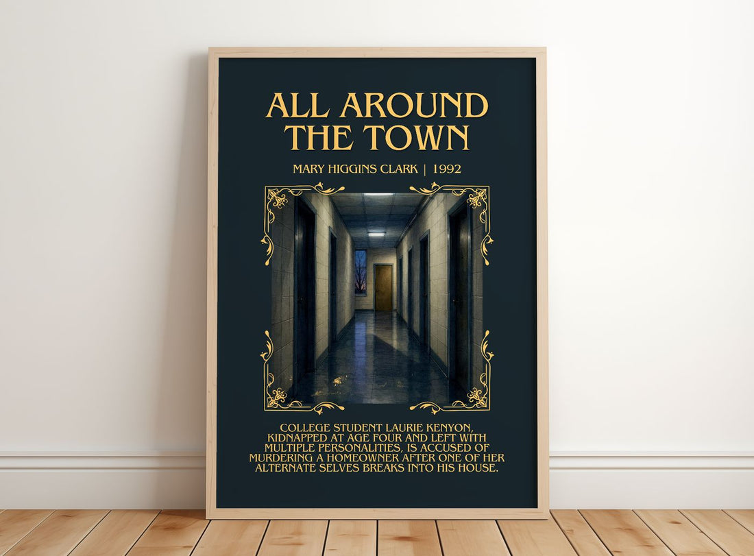 All Around the Town Minimalist Book Poster by Mary Higgins Clark – framed print leaning on a wooden floor
