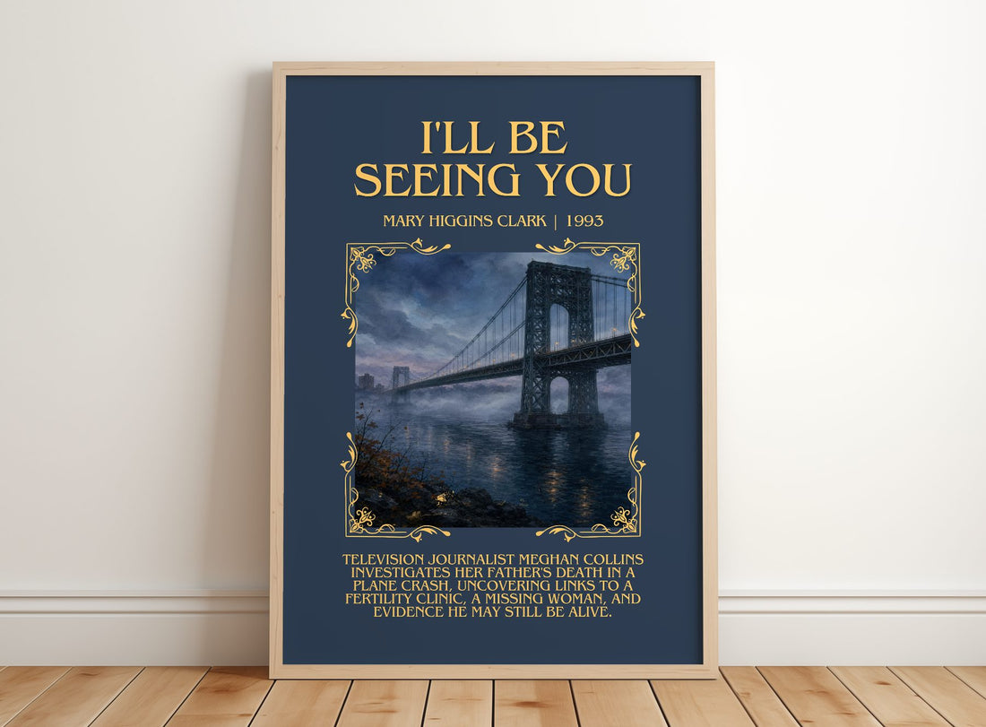 I'll Be Seeing You Minimalist Book Poster by Mary Higgins Clark – framed print leaning on a wooden floor
