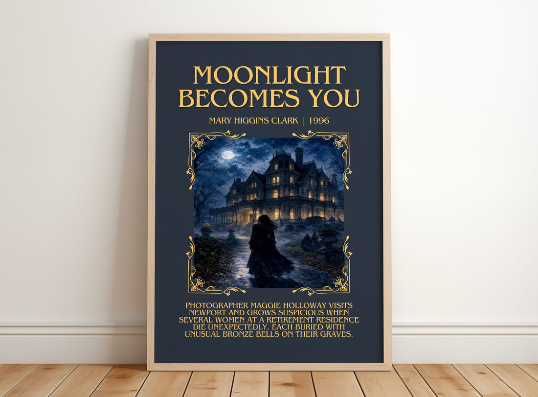 Moonlight Becomes You Minimalist Book Poster by Mary Higgins Clark – framed print leaning on a wooden floor