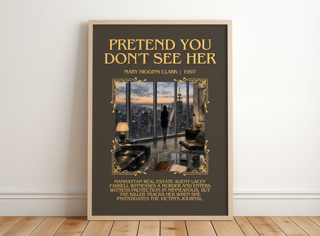 Pretend You Don't See Her Minimalist Book Poster by Mary Higgins Clark – framed print leaning on a wooden floor