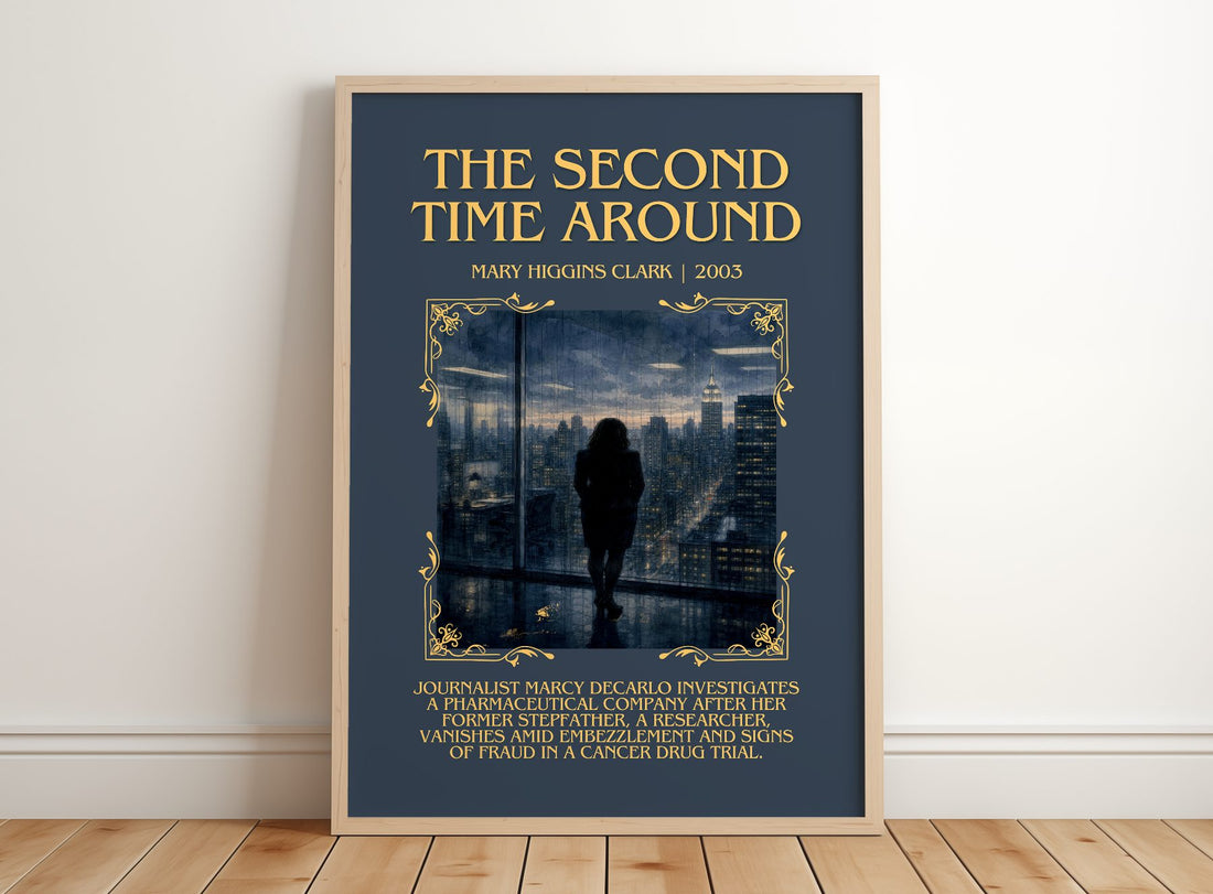 The Second Time Around Minimalist Book Poster by Mary Higgins Clark – framed print leaning on a wooden floor