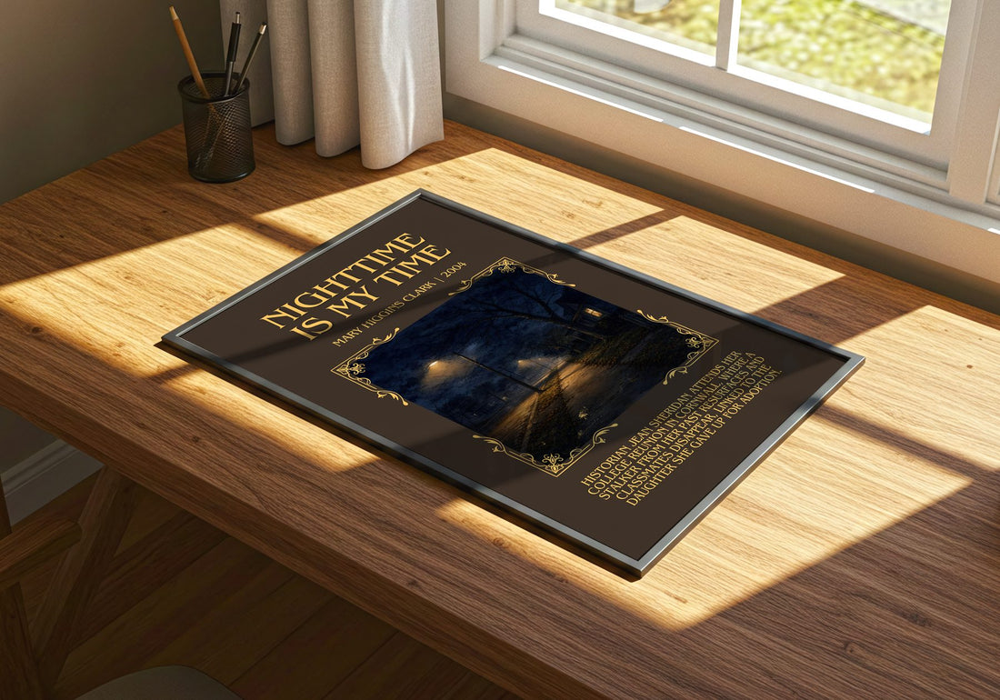 Nighttime Is My Time Minimalist Book Poster by Mary Higgins Clark – print on a sunlit desk
