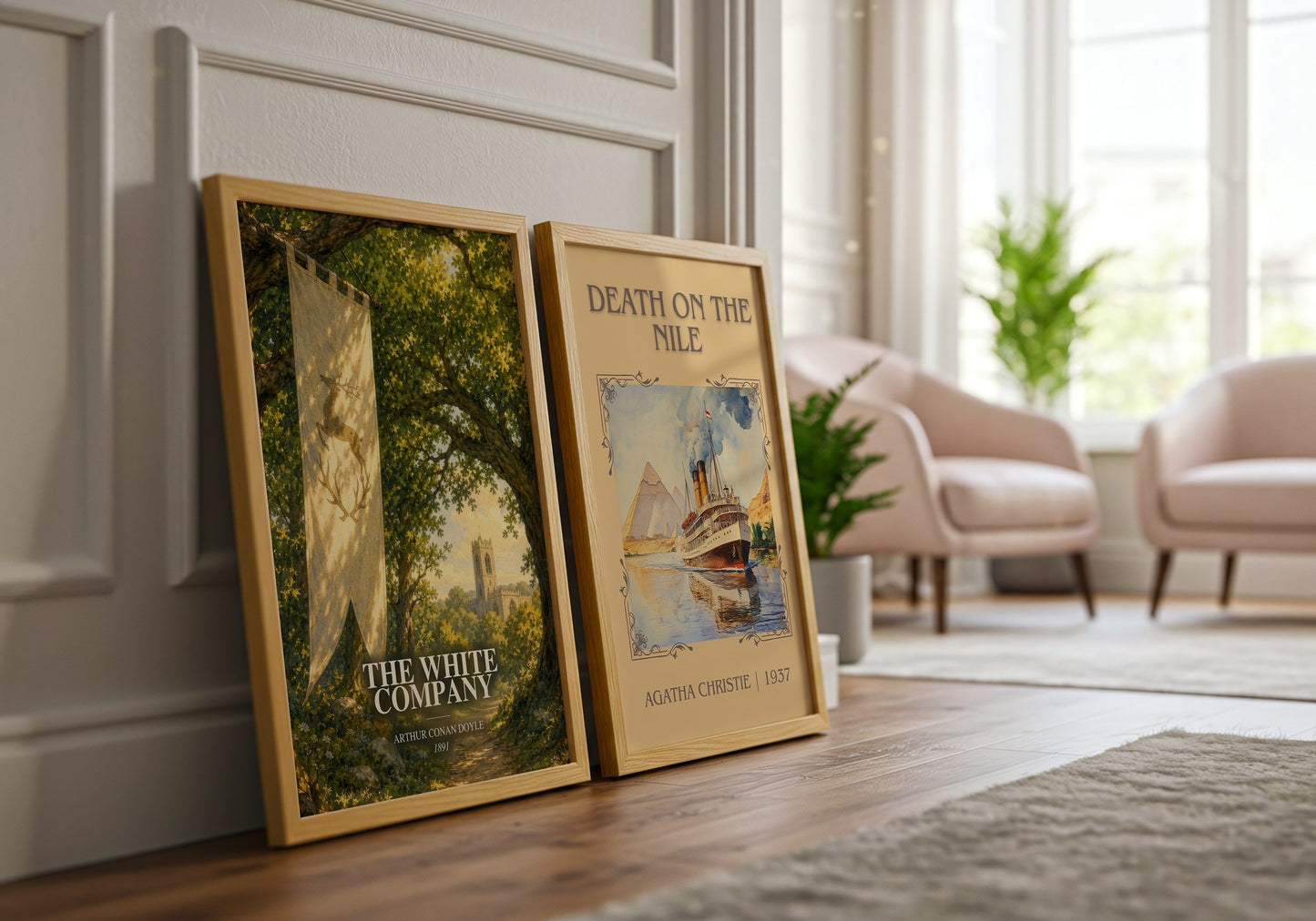 The White Company watercolour print framed by window – literary home decor
