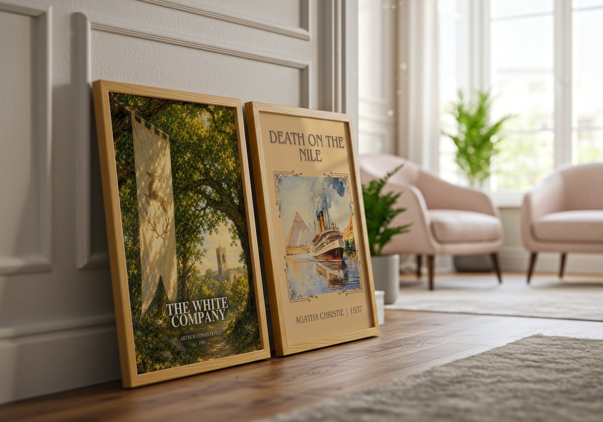 The White Company watercolour print framed by window – literary home decor