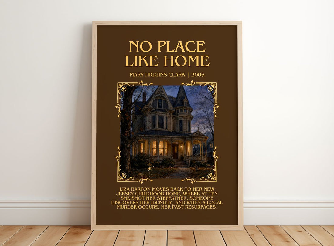 No Place Like Home Minimalist Book Poster by Mary Higgins Clark – framed print leaning on a wooden floor