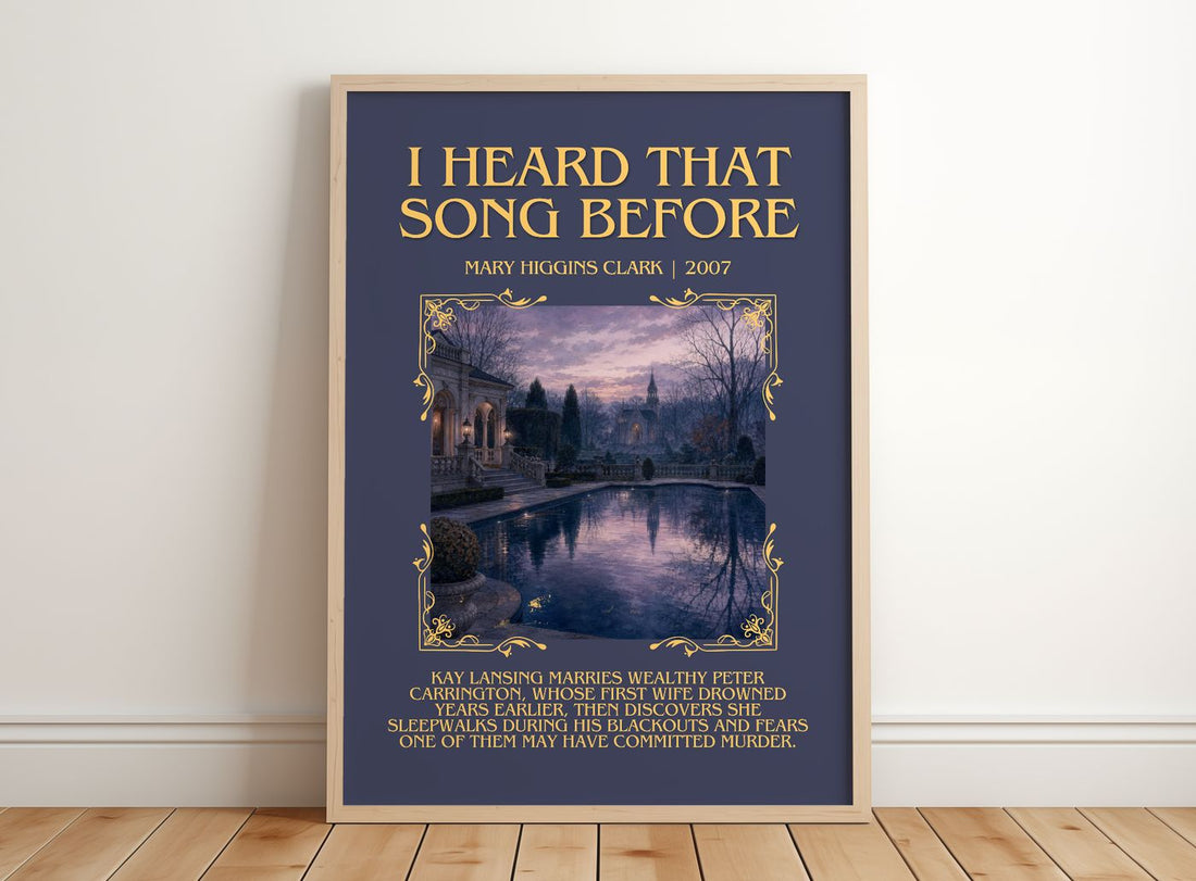 I Heard That Song Before Minimalist Book Poster by Mary Higgins Clark – framed print leaning on a wooden floor