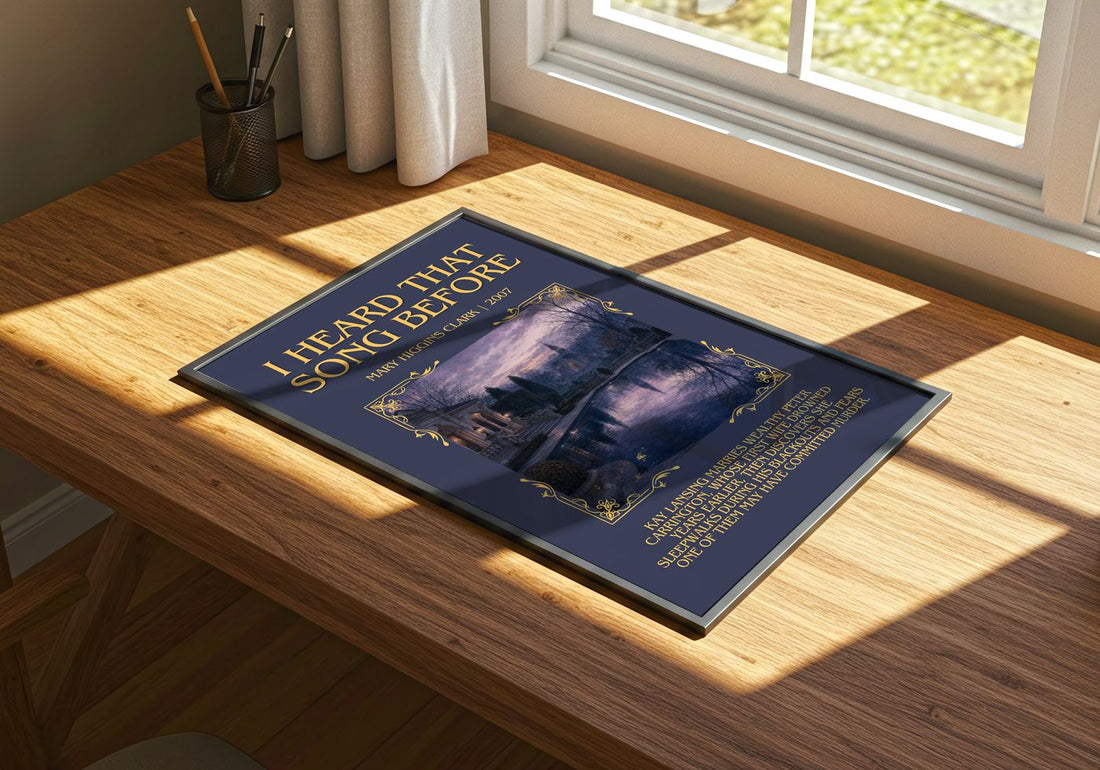 I Heard That Song Before Minimalist Book Poster by Mary Higgins Clark – print on a sunlit desk
