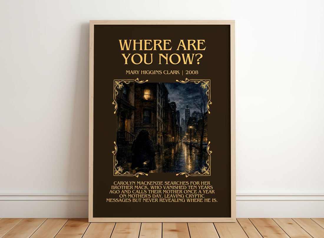 Where Are You Now? Minimalist Book Poster by Mary Higgins Clark – framed print leaning on a wooden floor
