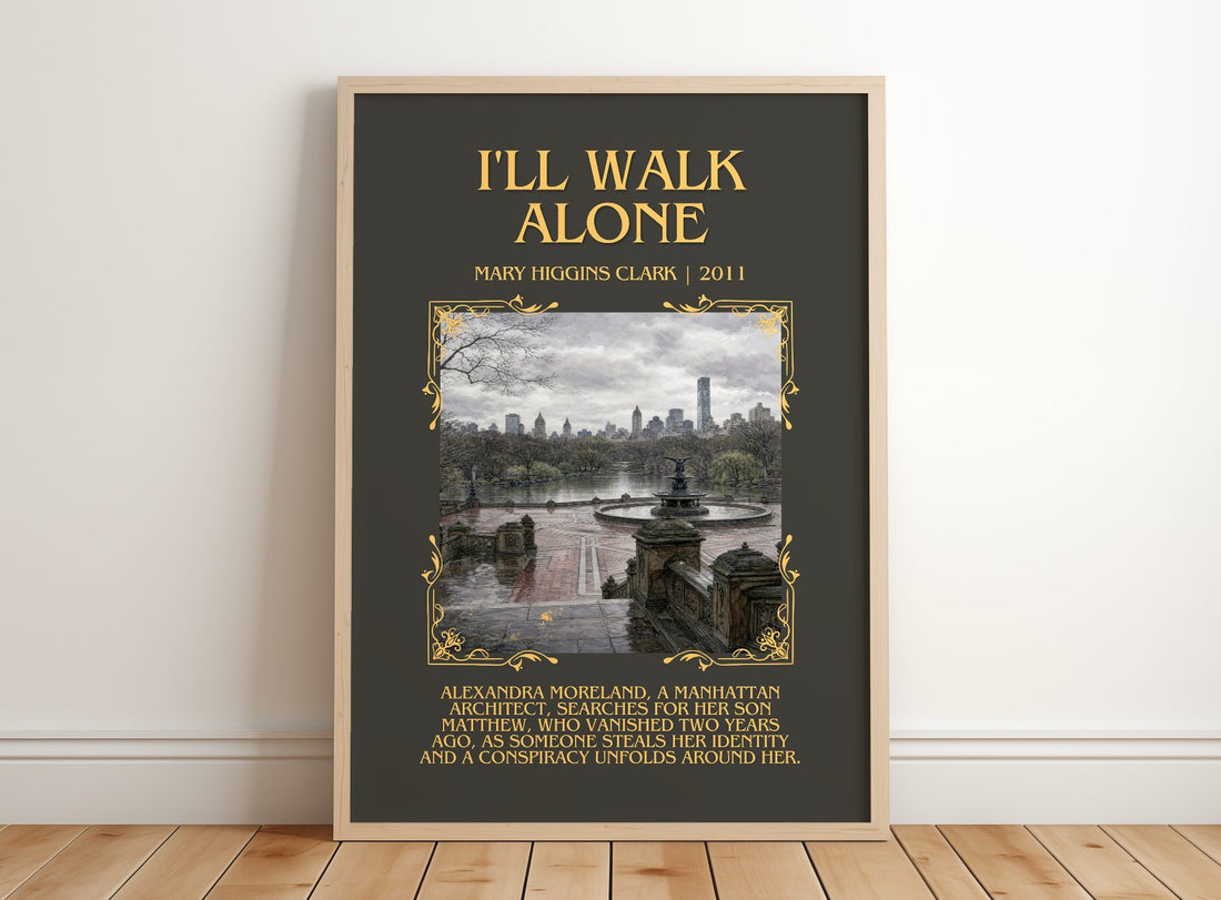I'll Walk Alone Minimalist Book Poster by Mary Higgins Clark – framed print leaning on a wooden floor