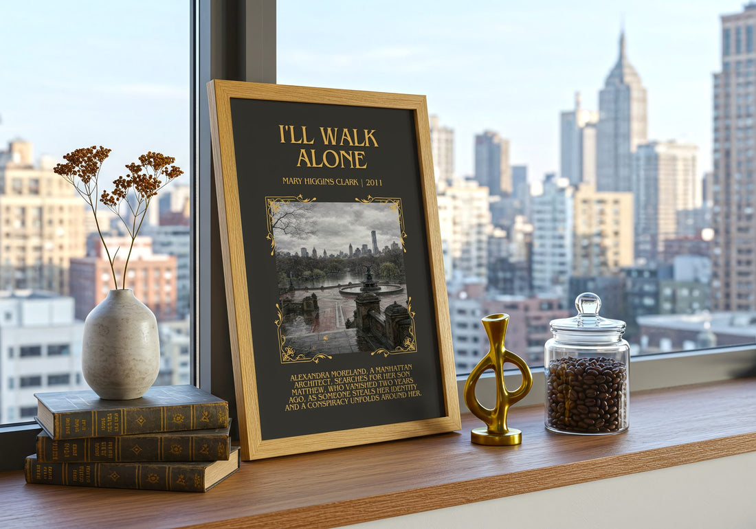 I'll Walk Alone Minimalist Book Poster by Mary Higgins Clark – framed print on a city-view windowsill