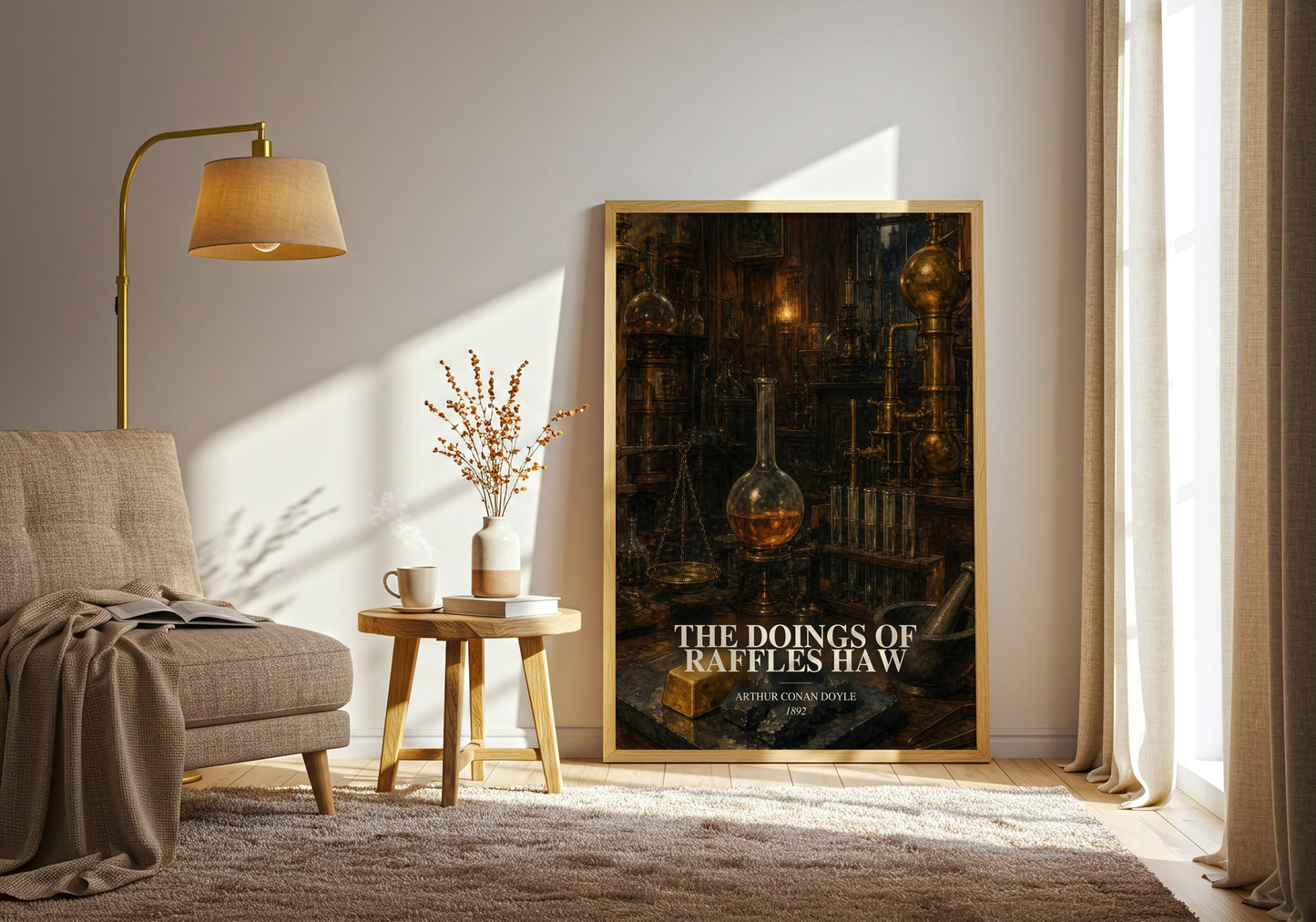 The Doings Of Raffles Haw watercolour print in frame leaning in hallway – mystery wall art