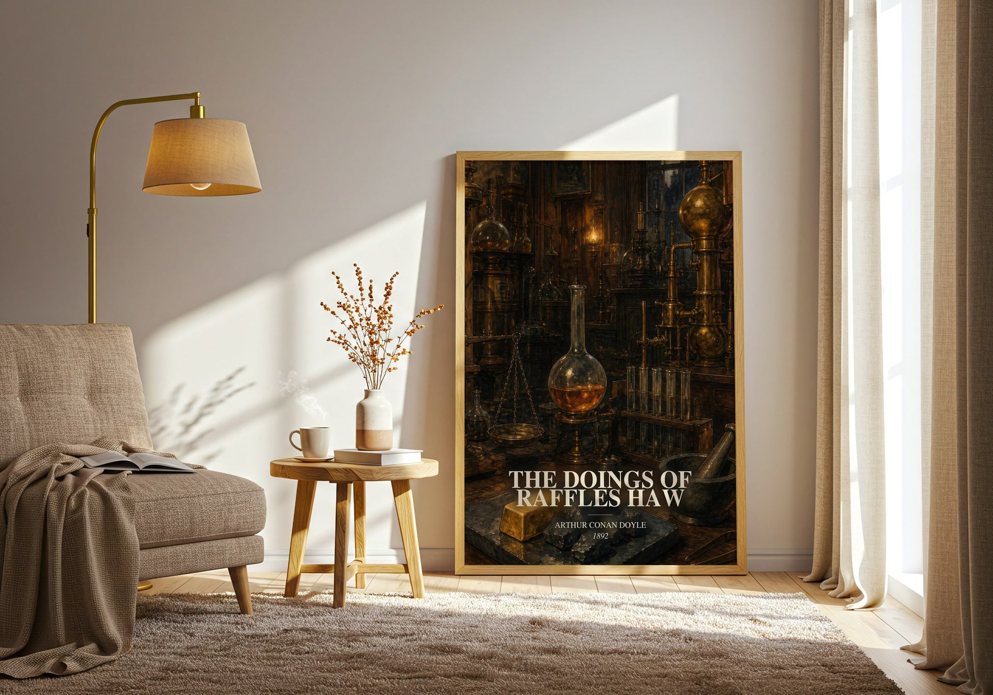 The Doings Of Raffles Haw watercolour print in frame leaning in hallway – mystery wall art