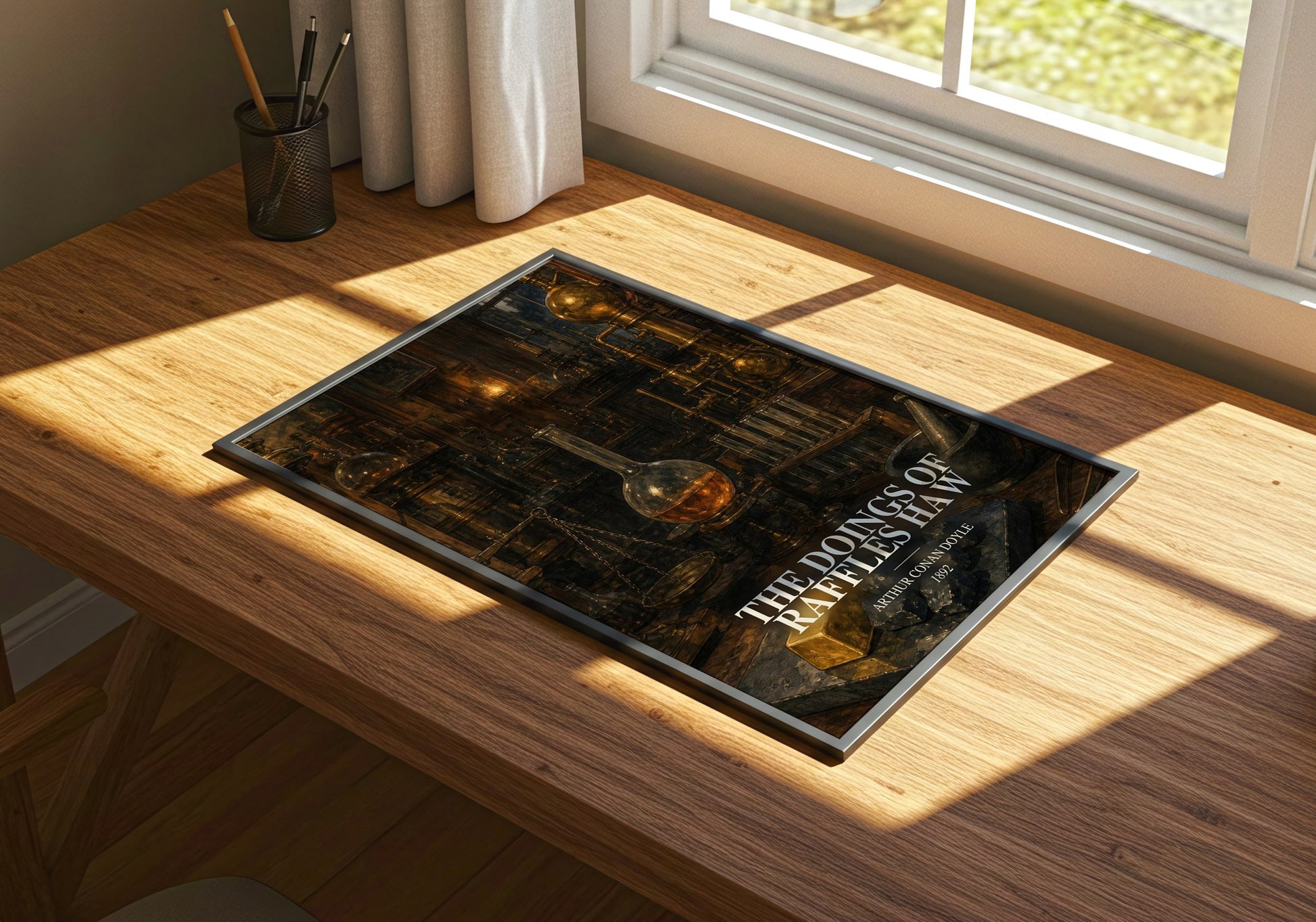 The Doings Of Raffles Haw watercolour book poster framed on wall – mystery wall art