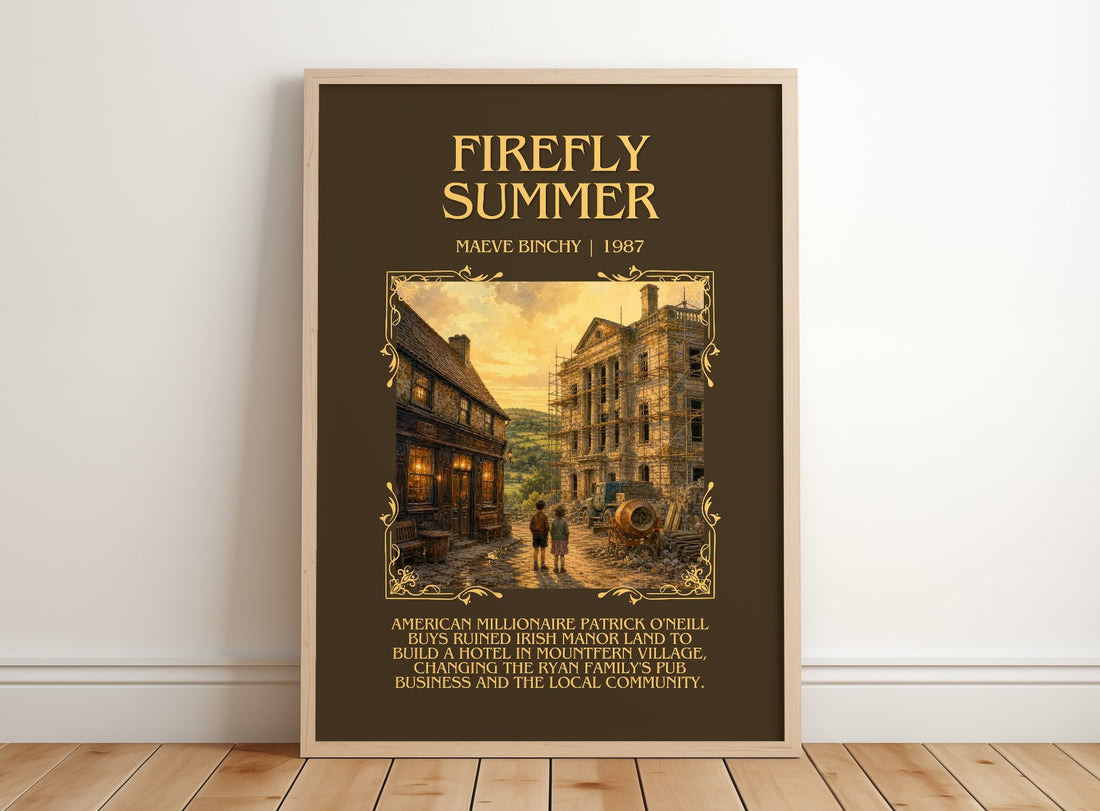 Firefly Summer Minimalist Book Poster by Maeve Binchy – framed print leaning on a wooden floor