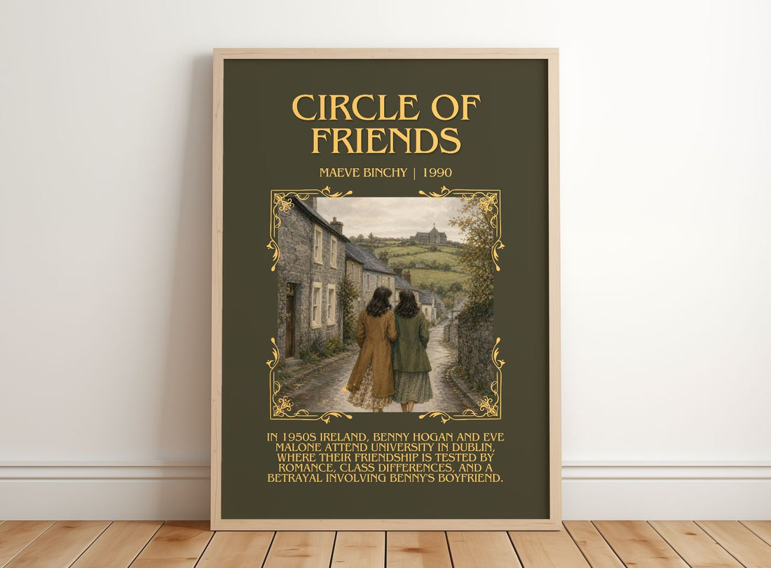 Circle of Friends Minimalist Book Poster by Maeve Binchy – framed print leaning on a wooden floor