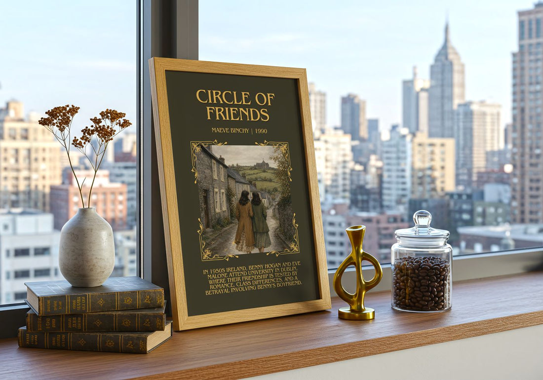 Circle of Friends Minimalist Book Poster by Maeve Binchy – framed print on a city-view windowsill