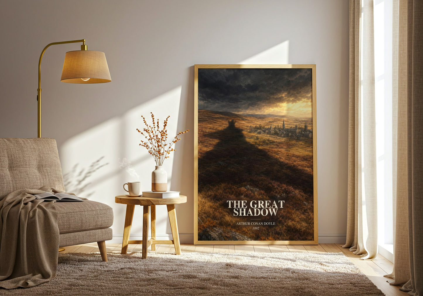 The Great Shadow watercolour print in frame leaning in hallway – historical fiction wall art