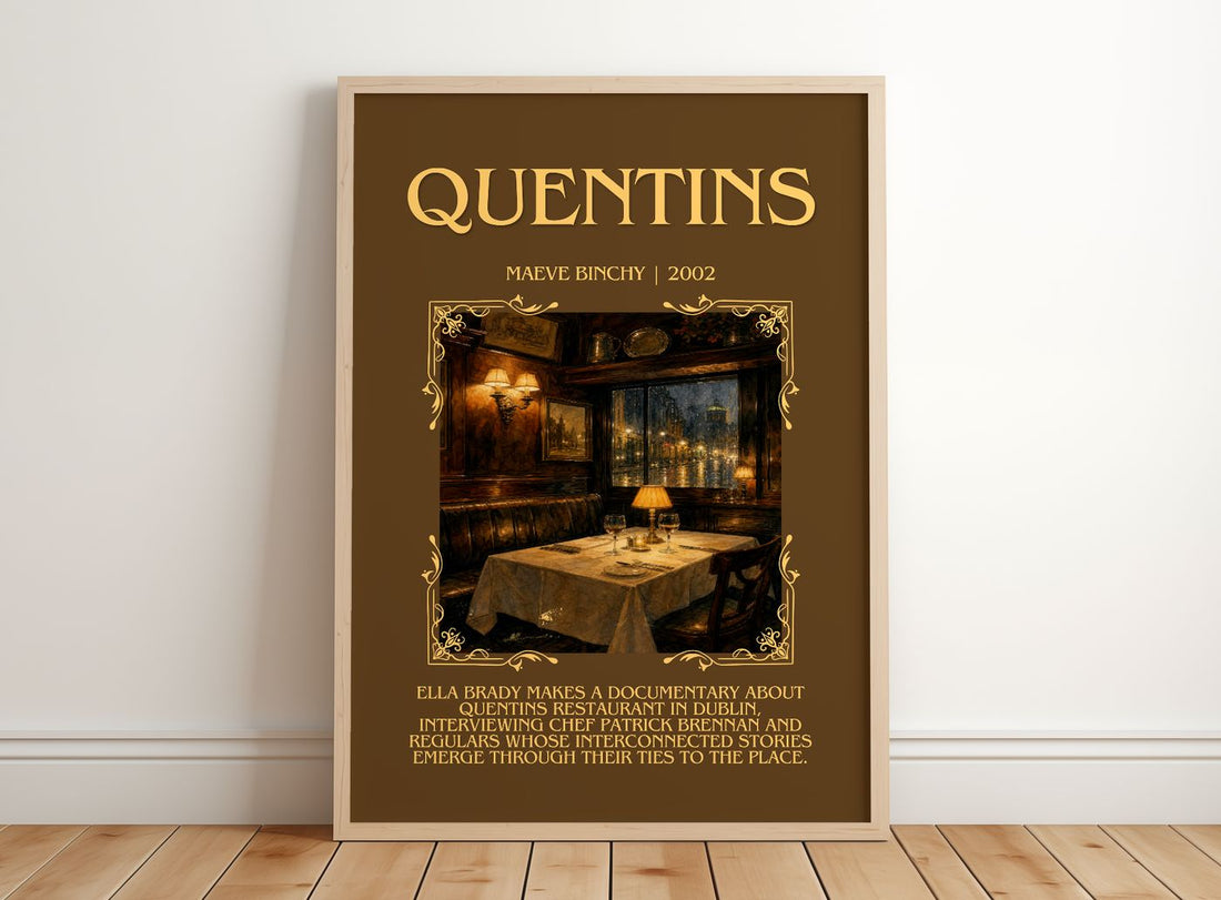 Quentins Minimalist Book Poster by Maeve Binchy – framed print leaning on a wooden floor