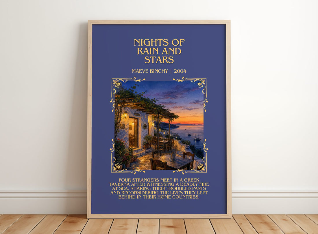 Nights of Rain and Stars Minimalist Book Poster by Maeve Binchy – framed print leaning on a wooden floor
