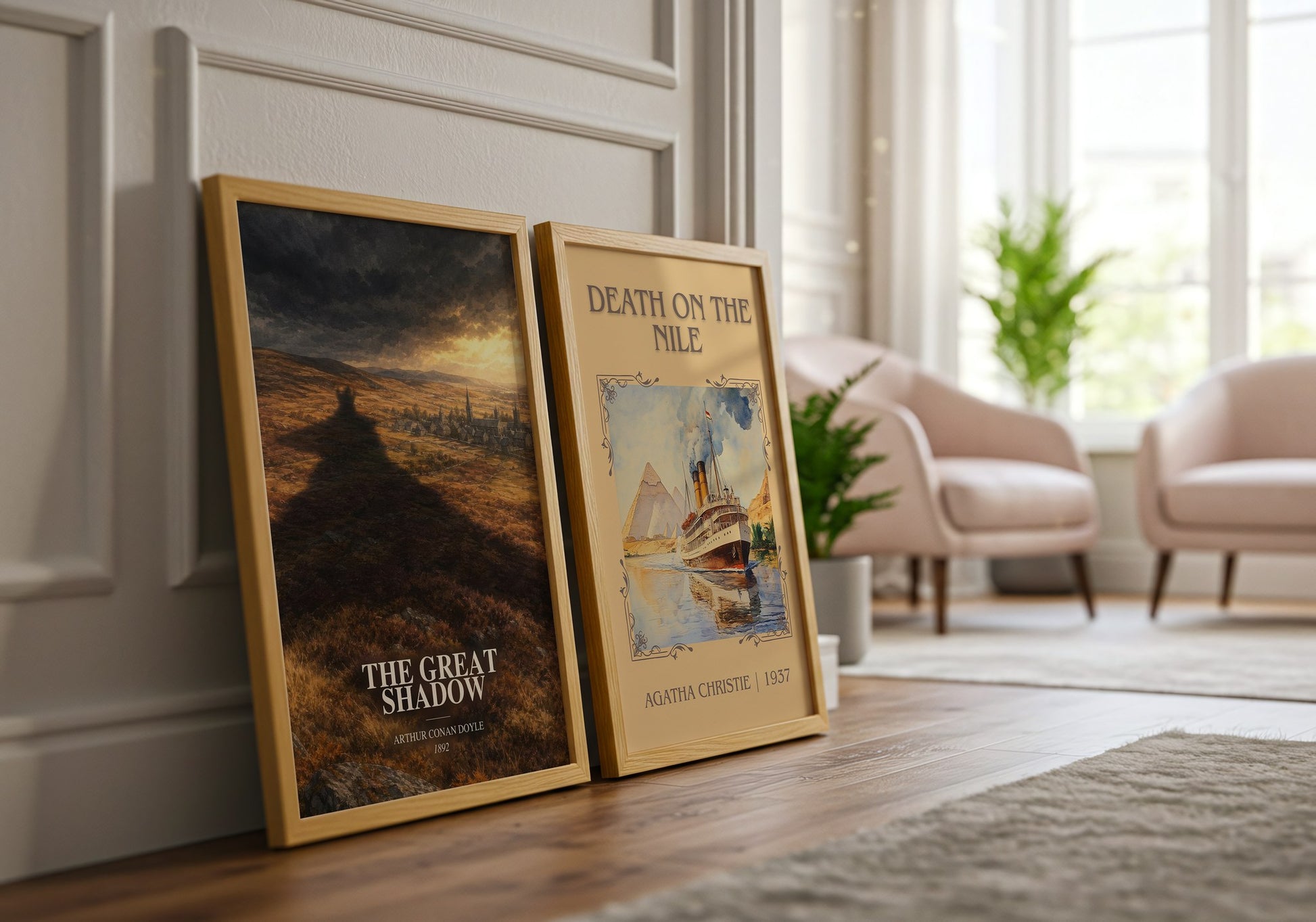 The Great Shadow watercolour print framed by window – literary home decor