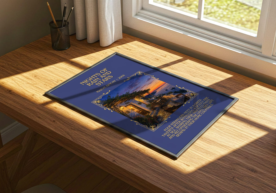 Nights of Rain and Stars Minimalist Book Poster by Maeve Binchy – print on a sunlit desk