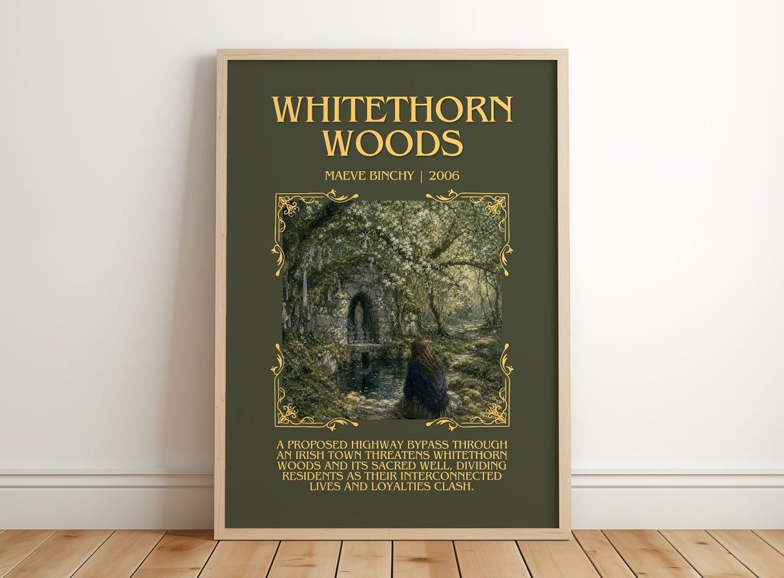 Whitethorn Woods Minimalist Book Poster by Maeve Binchy – framed print leaning on a wooden floor