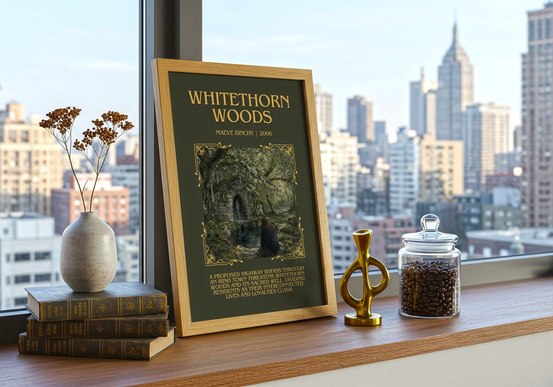 Whitethorn Woods Minimalist Book Poster by Maeve Binchy – framed print on a city-view windowsill