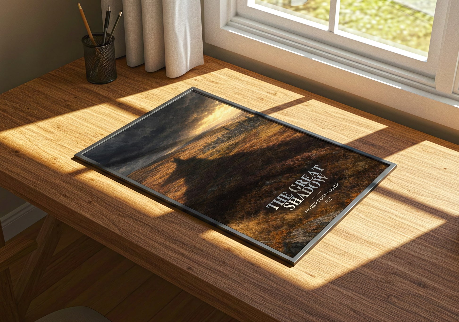 The Great Shadow watercolour book poster framed on wall – historical fiction wall art