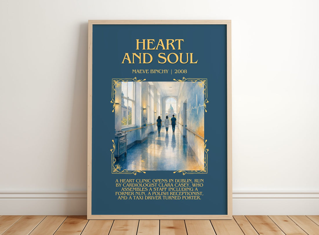 Heart and Soul Minimalist Book Poster by Maeve Binchy – framed print leaning on a wooden floor