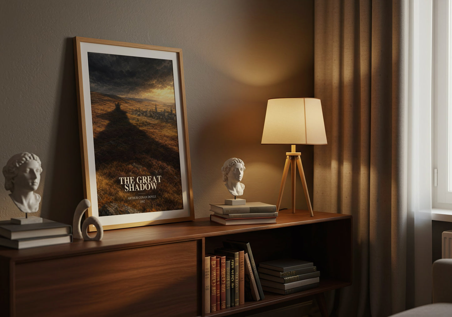 The Great Shadow watercolour print on bookshelf – Arthur Conan Doyle fan gift