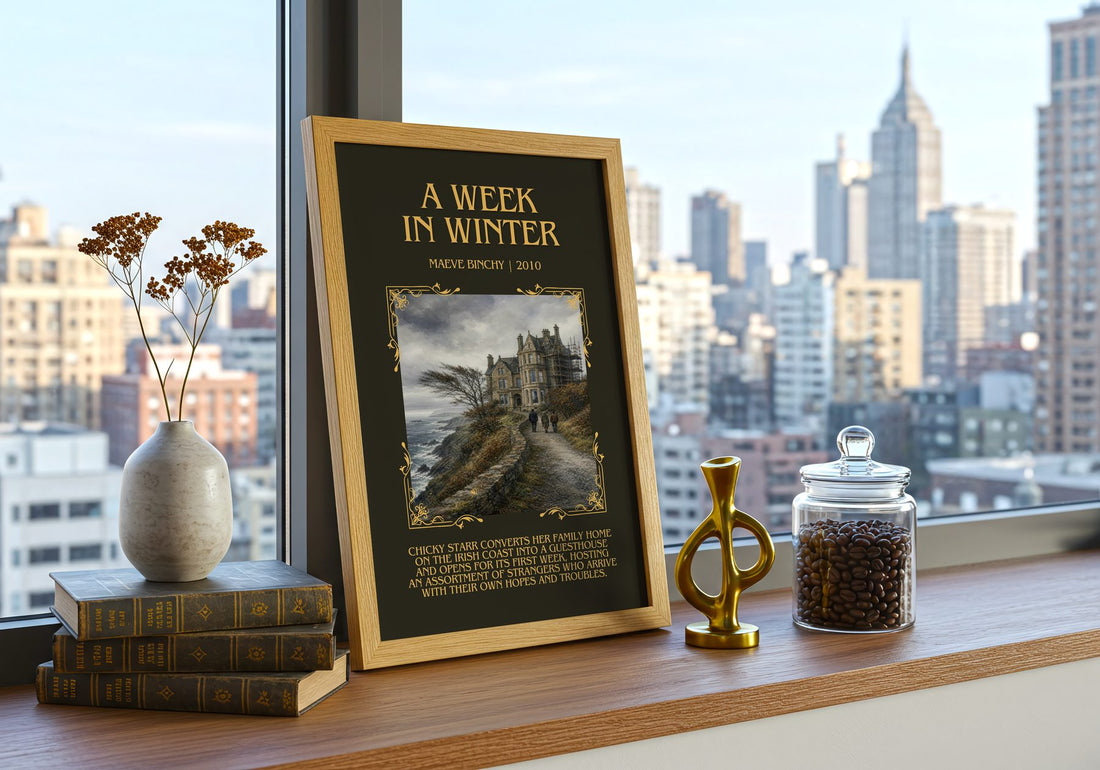A Week in Winter Minimalist Book Poster by Maeve Binchy – framed print on a city-view windowsill