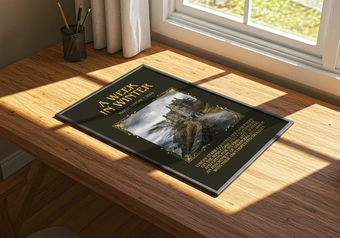 A Week in Winter Minimalist Book Poster by Maeve Binchy – print on a sunlit desk