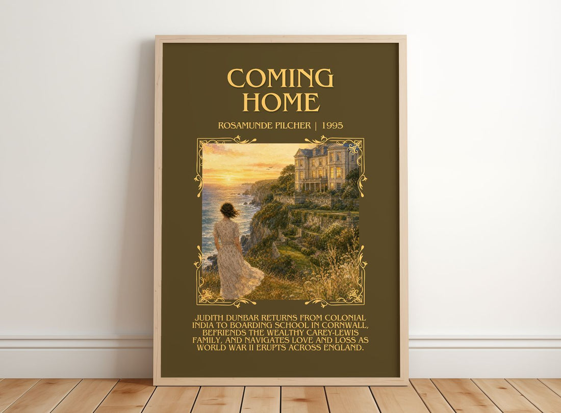 Coming Home Minimalist Book Poster by Rosamunde Pilcher – framed print leaning on a wooden floor
