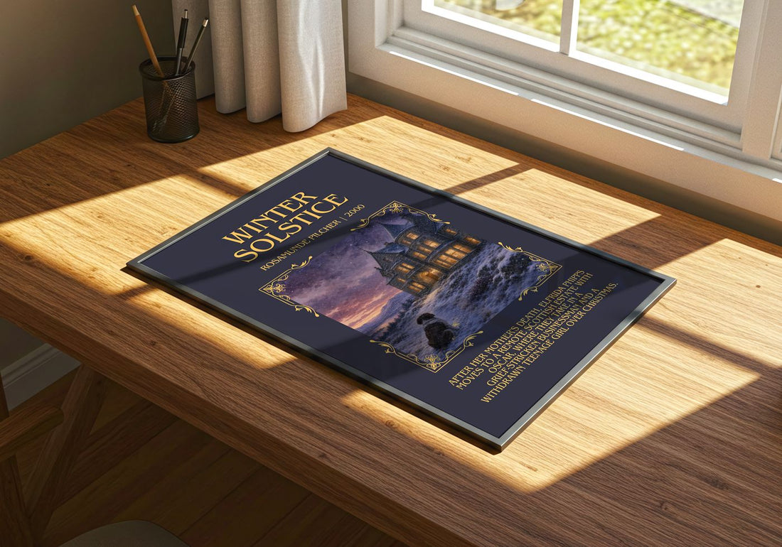 Winter Solstice Minimalist Book Poster by Rosamunde Pilcher – print on a sunlit desk